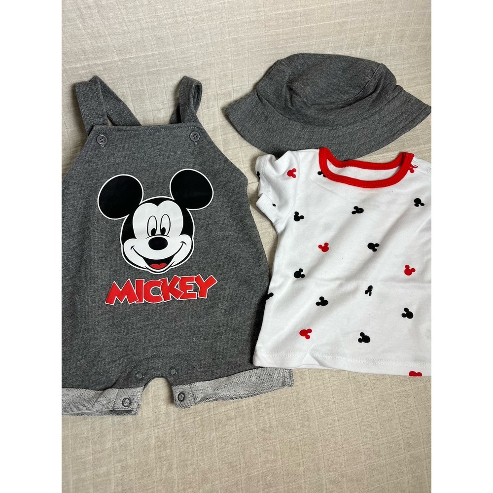 Disney Mickey Mouse Baby 3-6 Month Gray 3 Piece Set Overalls T-shirt Sun Hat NEW